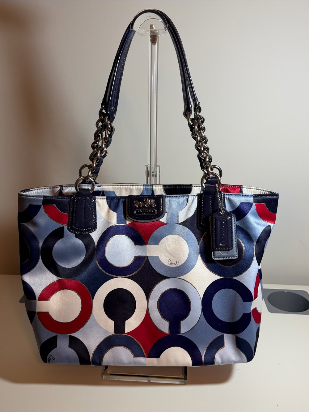 Coach Madison Graphic Op Art Metallic Tote Red White and Navy